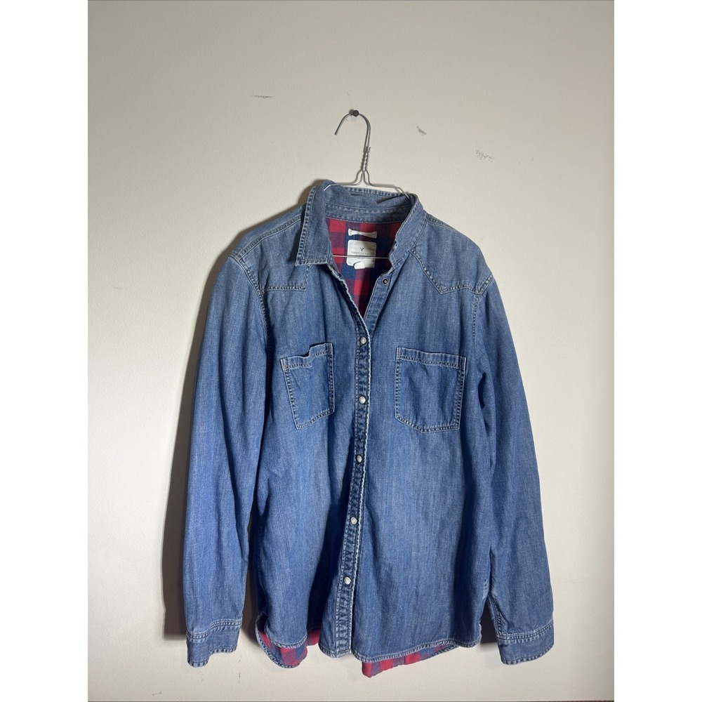 American Eagle Men's Large Long Sleeve Button Down Shirt Denim Blue Slim Fit